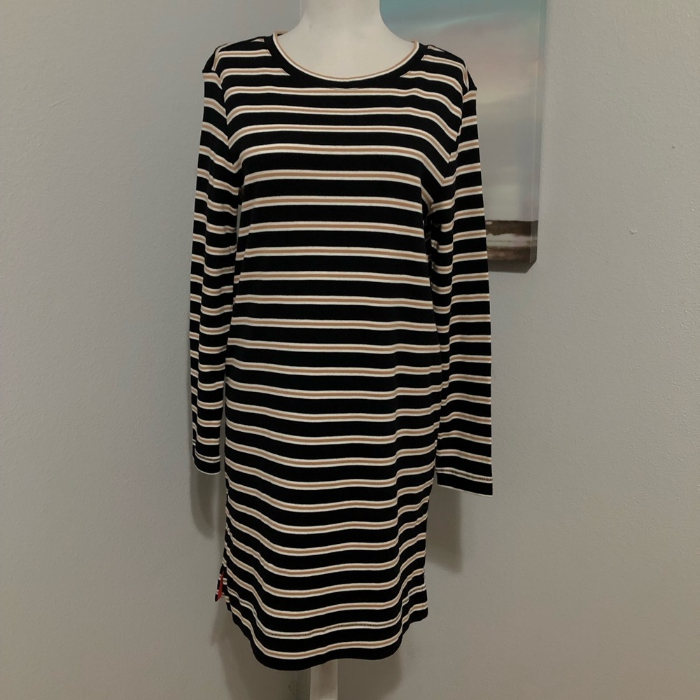Lou & Grey Black dress with Tan and White Stripes